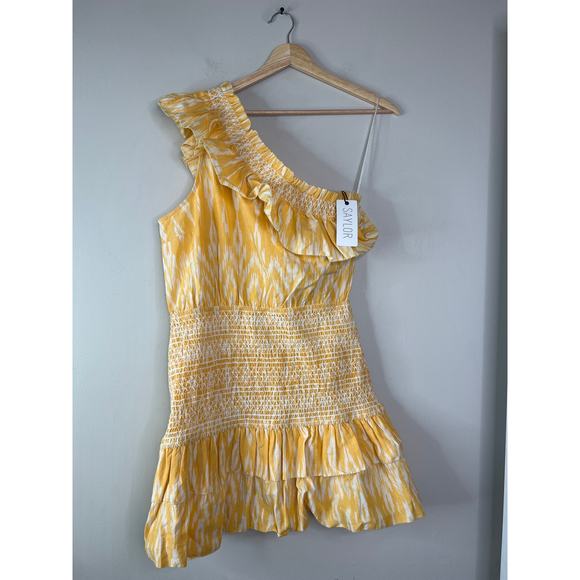 NWT Saylor Carren One-Shoulder Pull Over Smocked Ikat Cotton Mini Dress Yellow - Picture 2 of 8